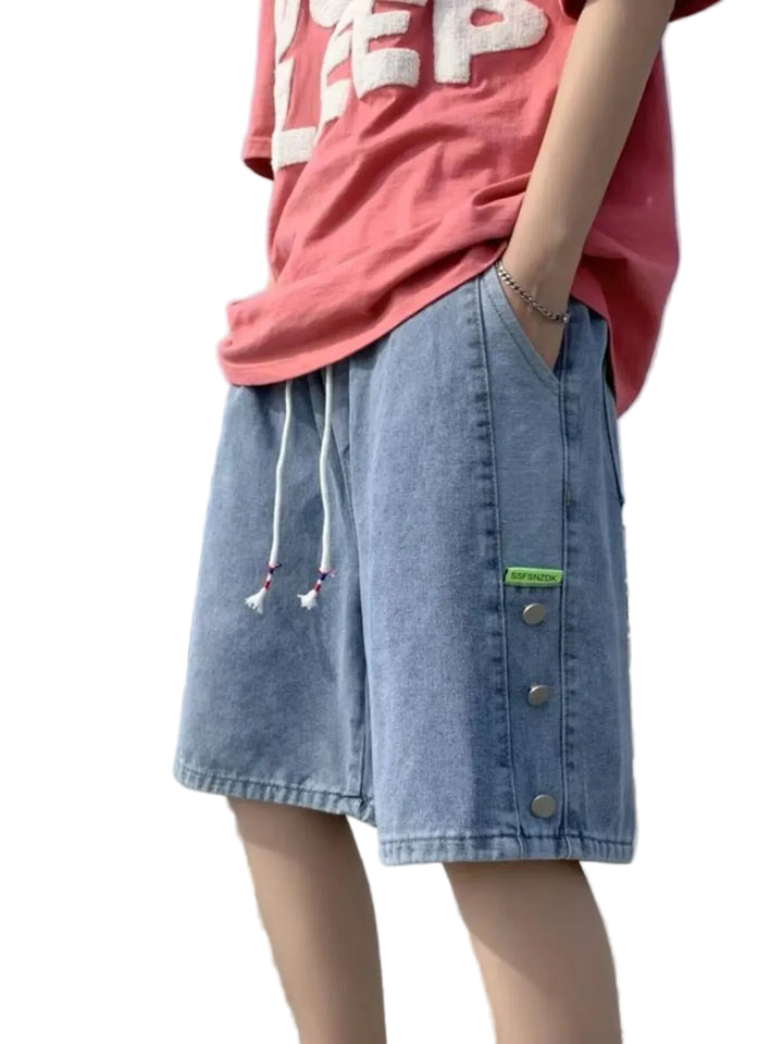 Men's Plus Size Casual Loose Fit Denim Shorts with Drawstring - cas7m
