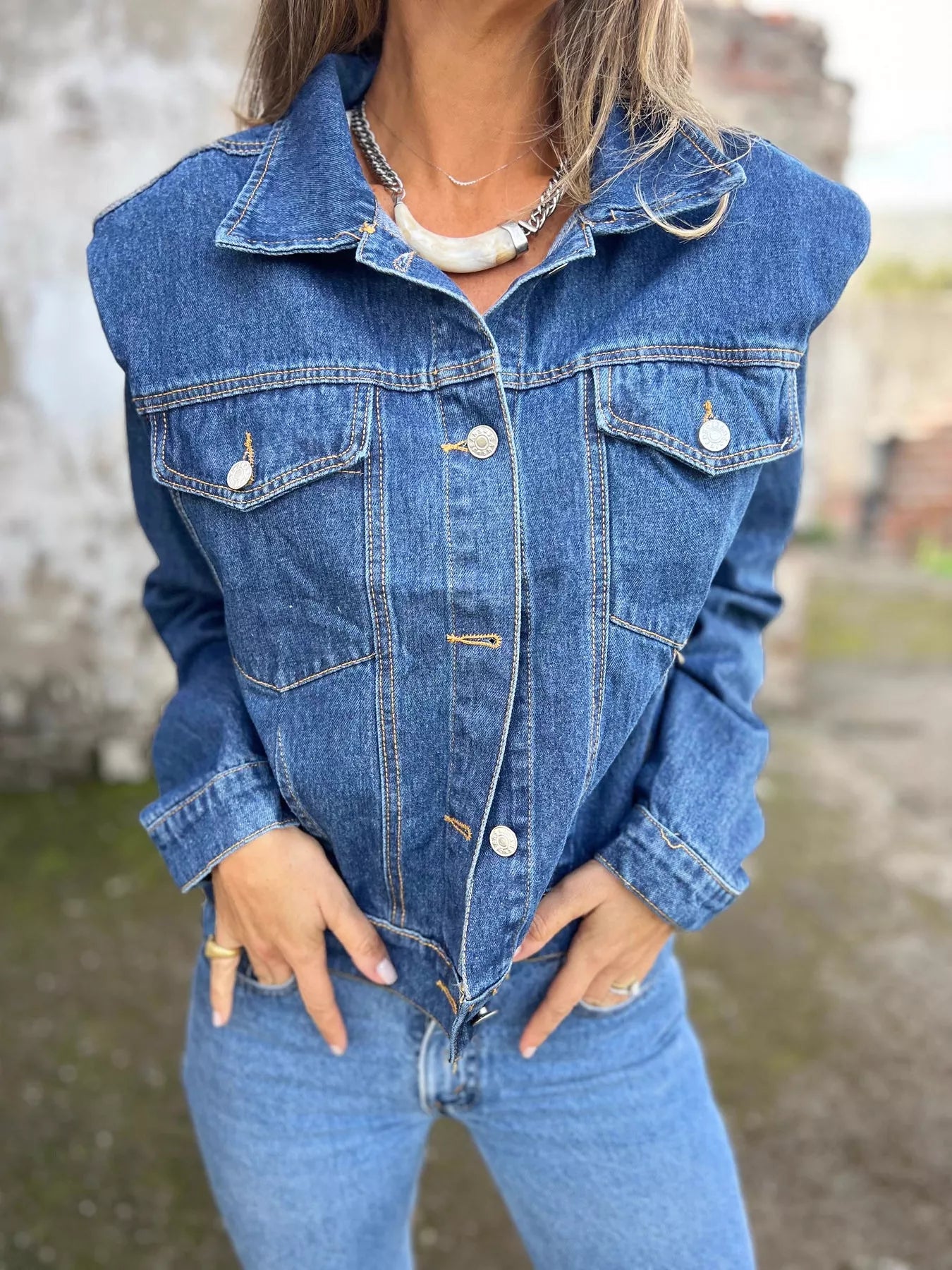 Plus Size Button Up Chest Pockets Denim Jacket - cas7m