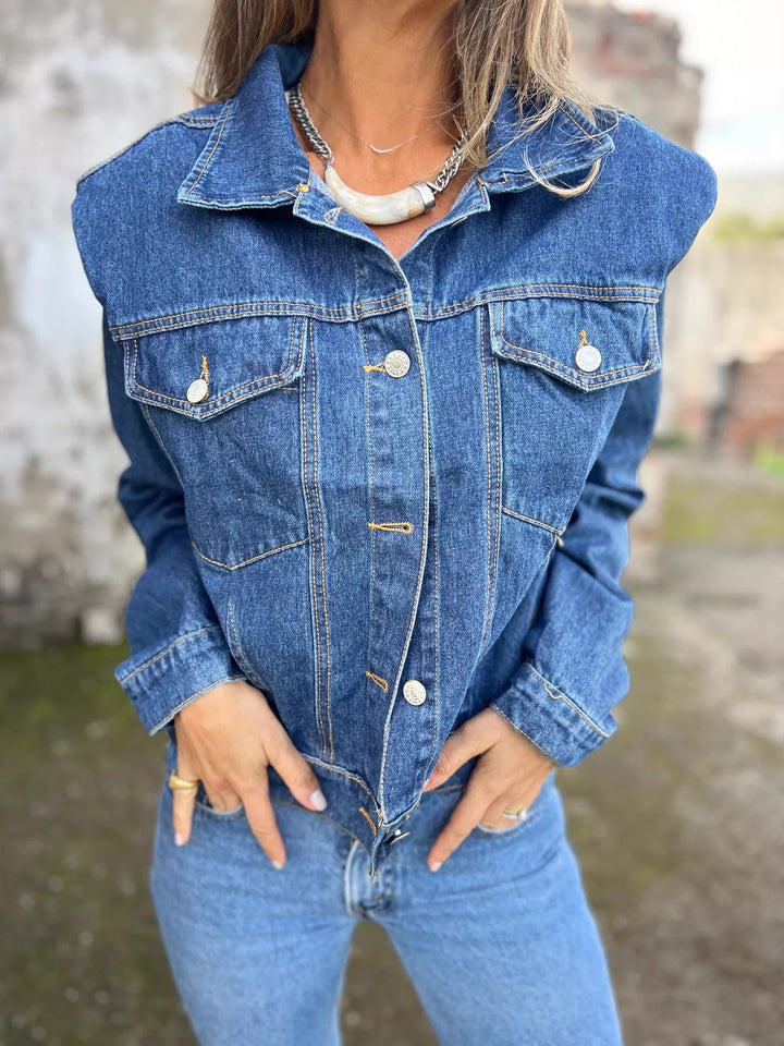 Plus Size Button Up Chest Pockets Denim Jacket - cas7m