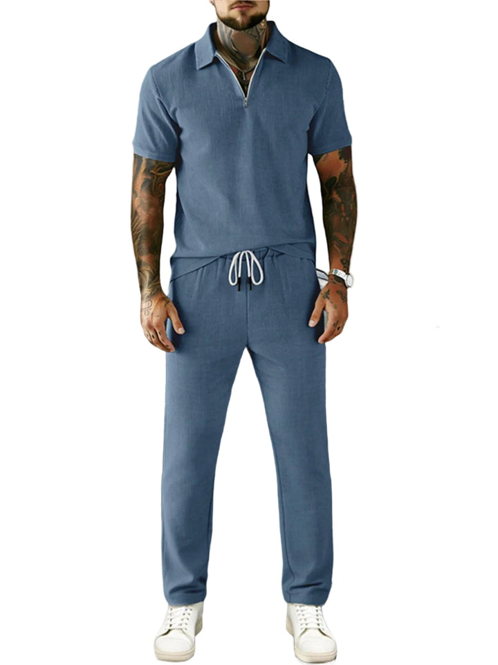 Men's Full Size Casual Zipper Polo Shirt and Drawstring Pants Set Plus Size - cas7m