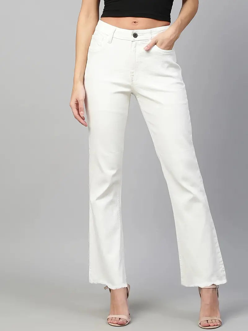 High Waist White Raw Hem Wide Leg Denim Jeans