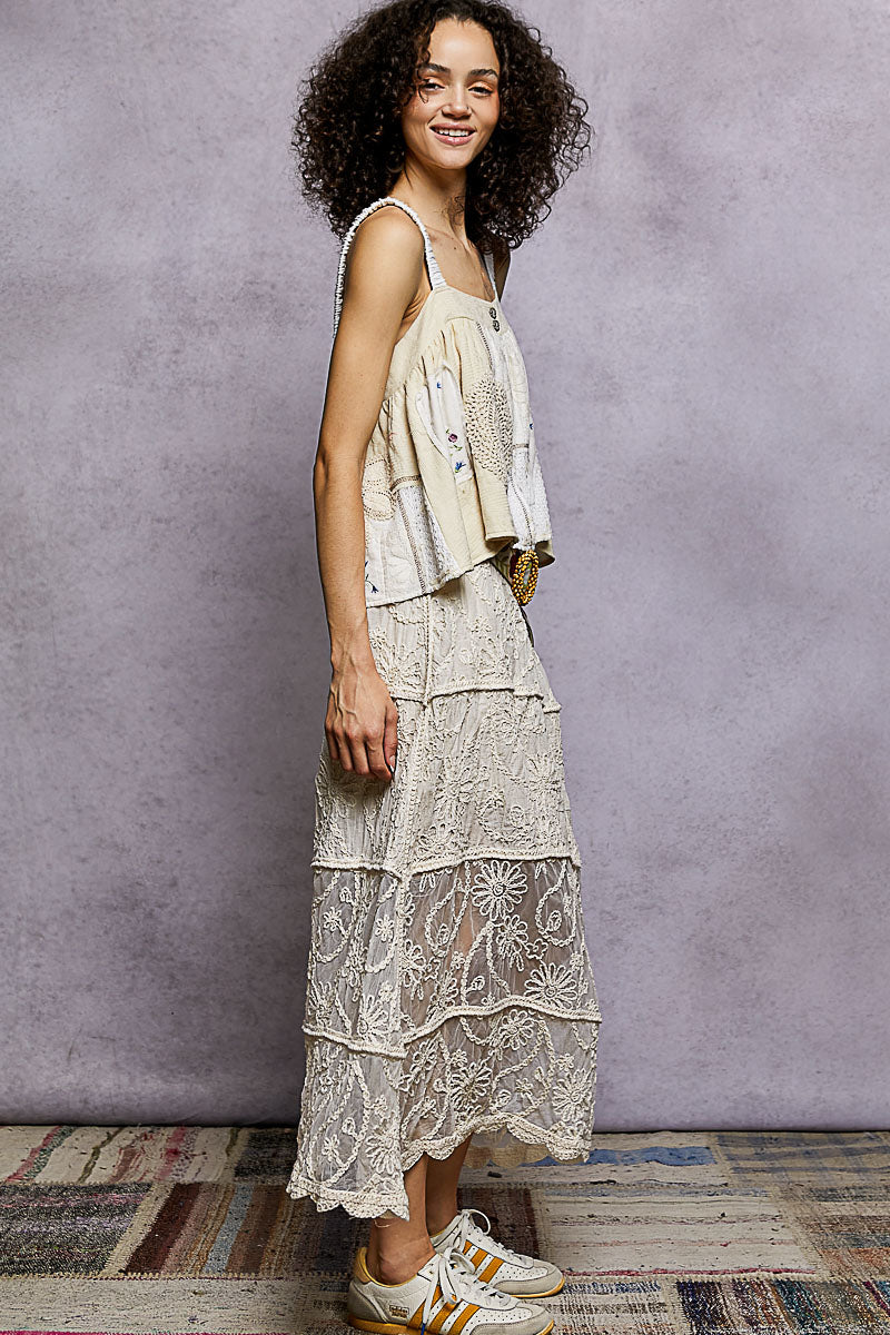 POL Floral Embroidered Tiered Crochet Skirt - cas7m