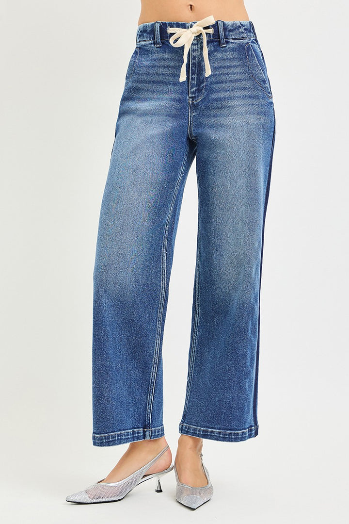 RISEN Elastic Band High Rise Cropped Wide Jeans - cas7m