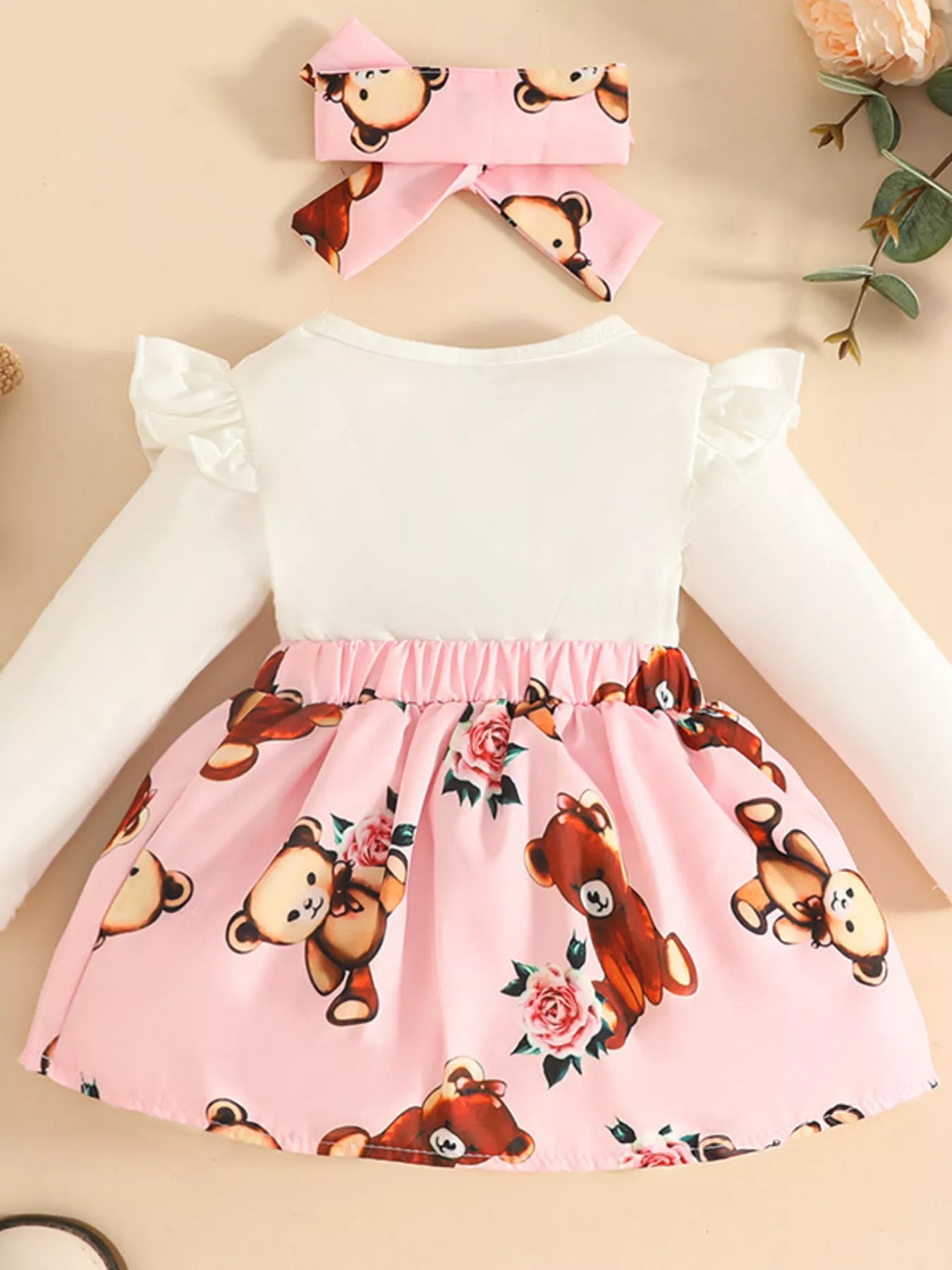 Children's Bear Long Sleeve Dress with Headband - cas7m