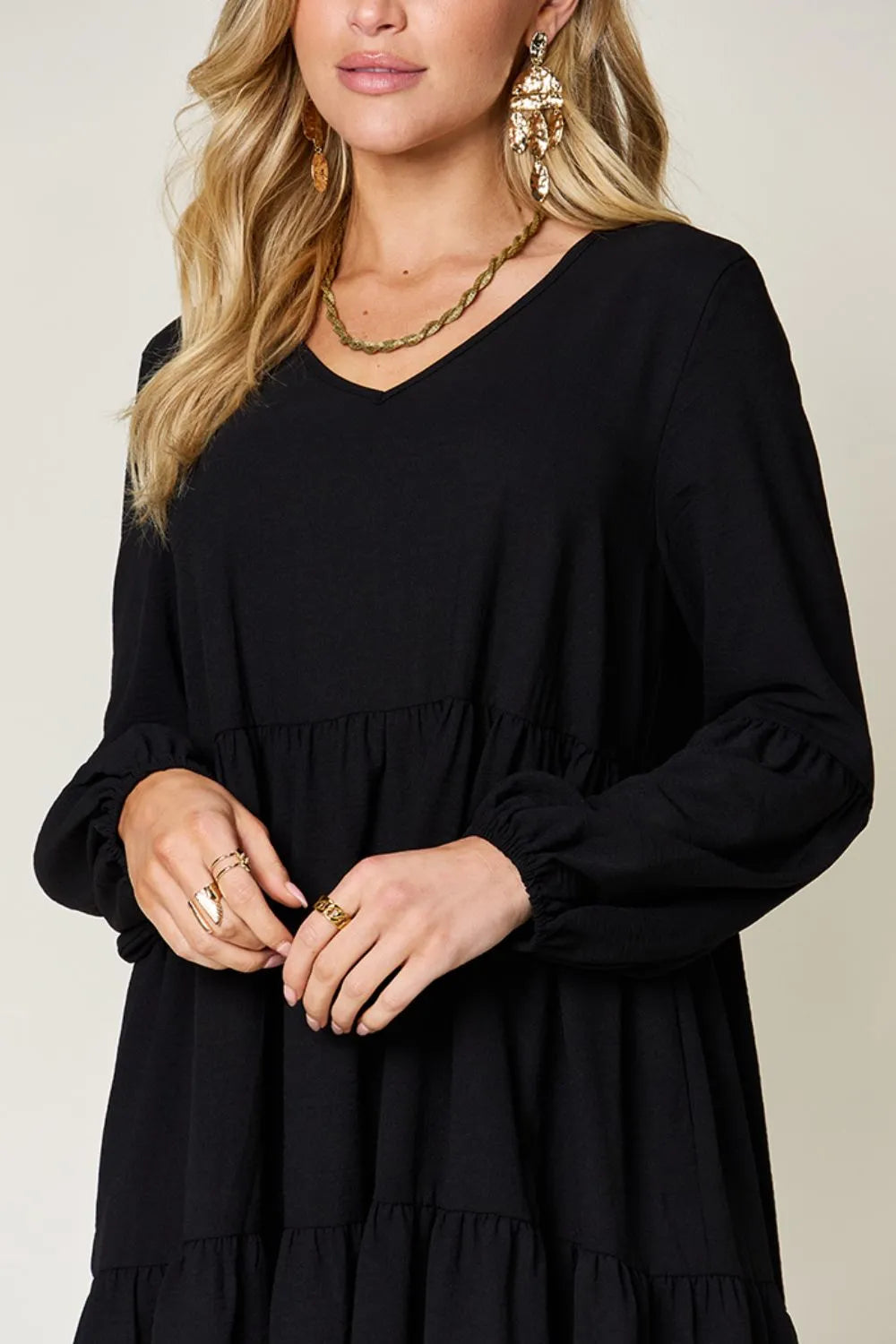 Double Take Full Size V-Neck Balloon Sleeve Tiered Dress with Pockets - cas7m