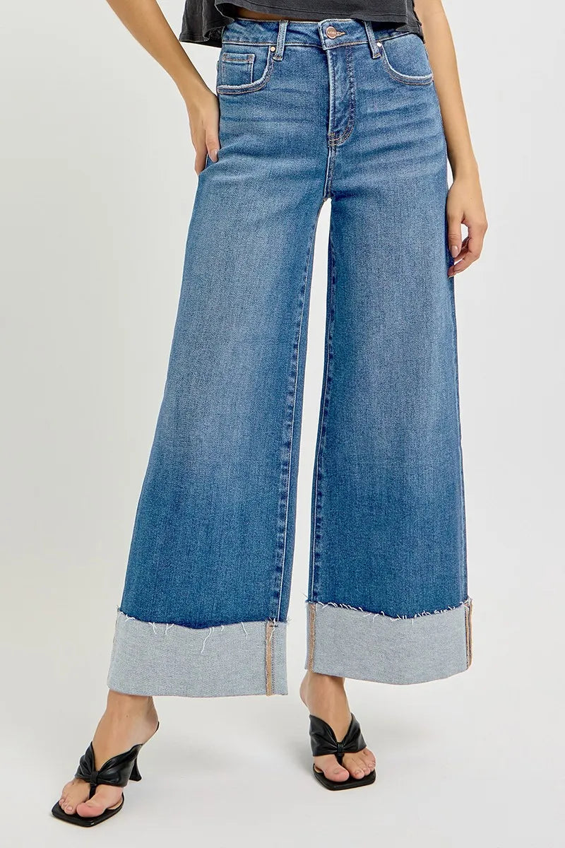 RISEN Full Size Tummy Control High Rise Crop Wide Cuffed Jeans Plus Size - cas7m
