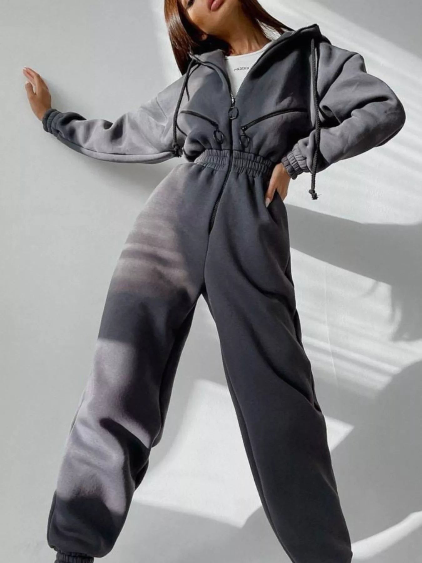 Hooded Zip-Up Long Sleeve Jumpsuit - cas7m