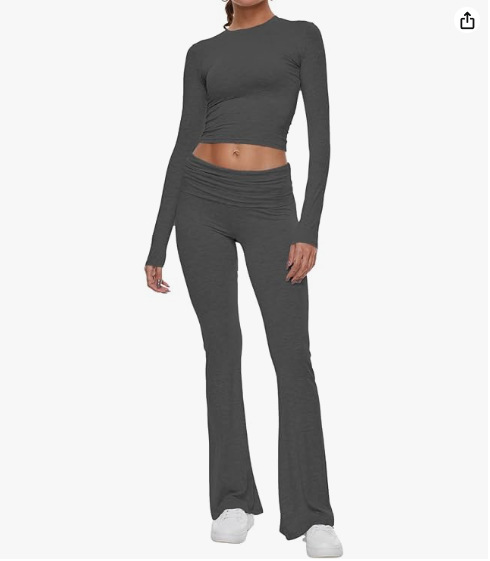 Women's Round Neck Bell-Bottom Pants Suit - cas7m