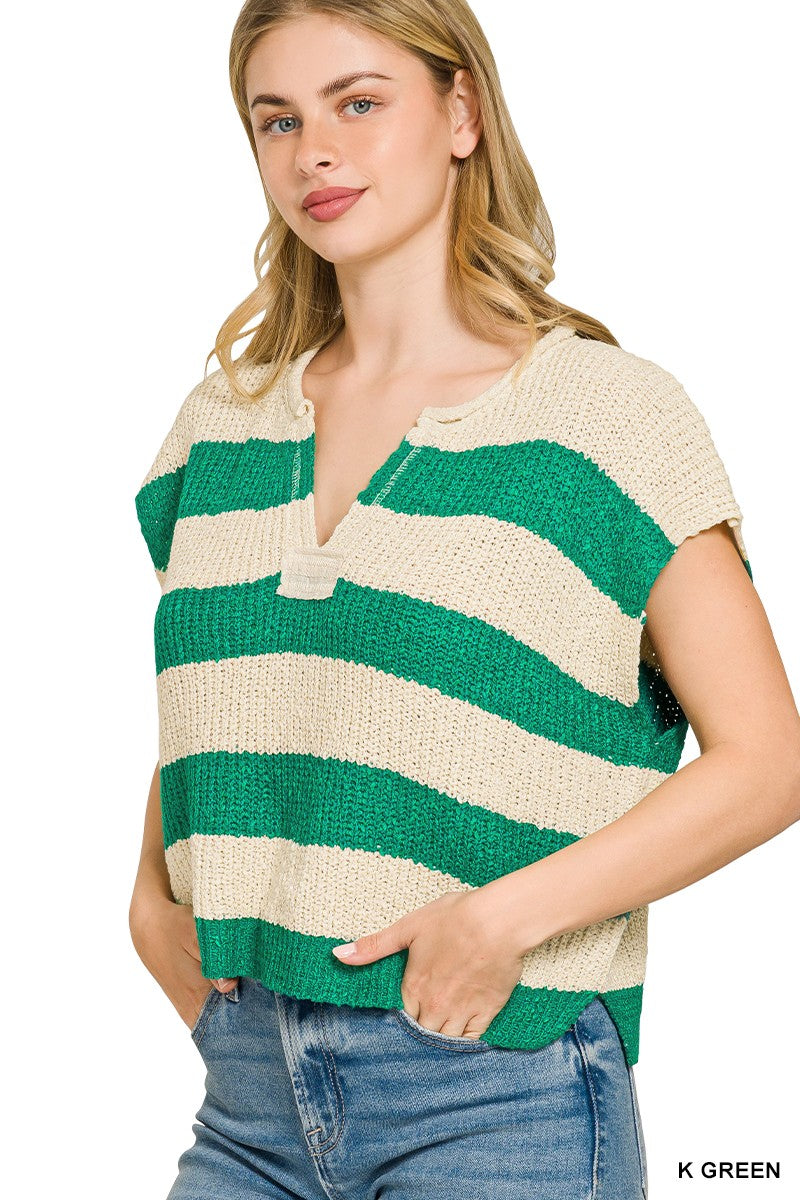 Zenana Split Neck Stripe Sleevless Sweater - cas7m