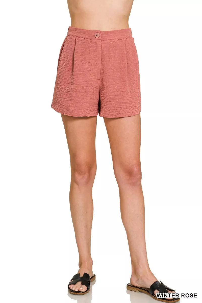 Zenana Woven Airflow Back Elastic Waist Shorts - cas7m