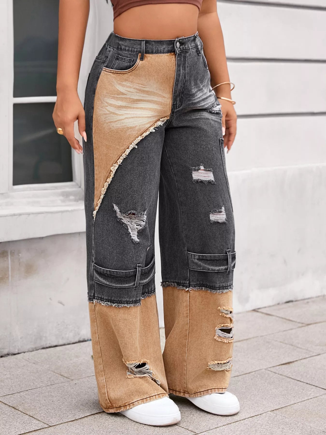 Two-Tone Ripped Wide Leg Jeans - cas7m