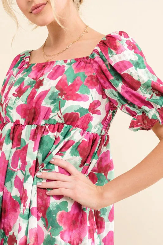 And The Why Smocked Floral Ruffle Short Sleeve Mini Dress - cas7m