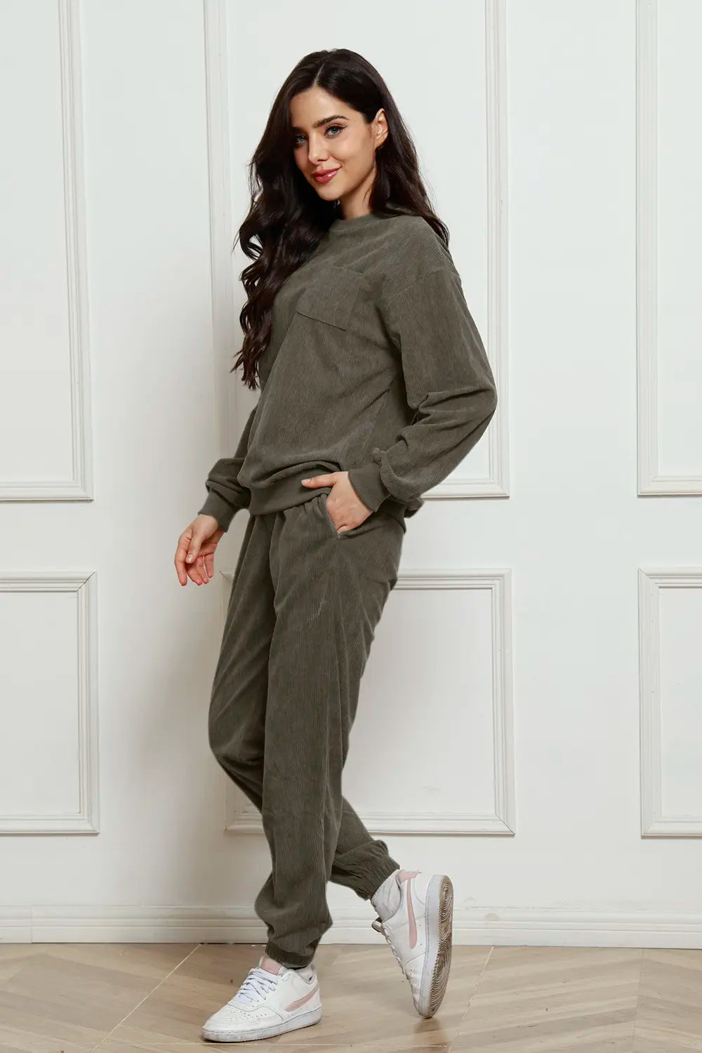 Corduroy Round Neck Sweatshirt and Sweatpants Set - cas7m