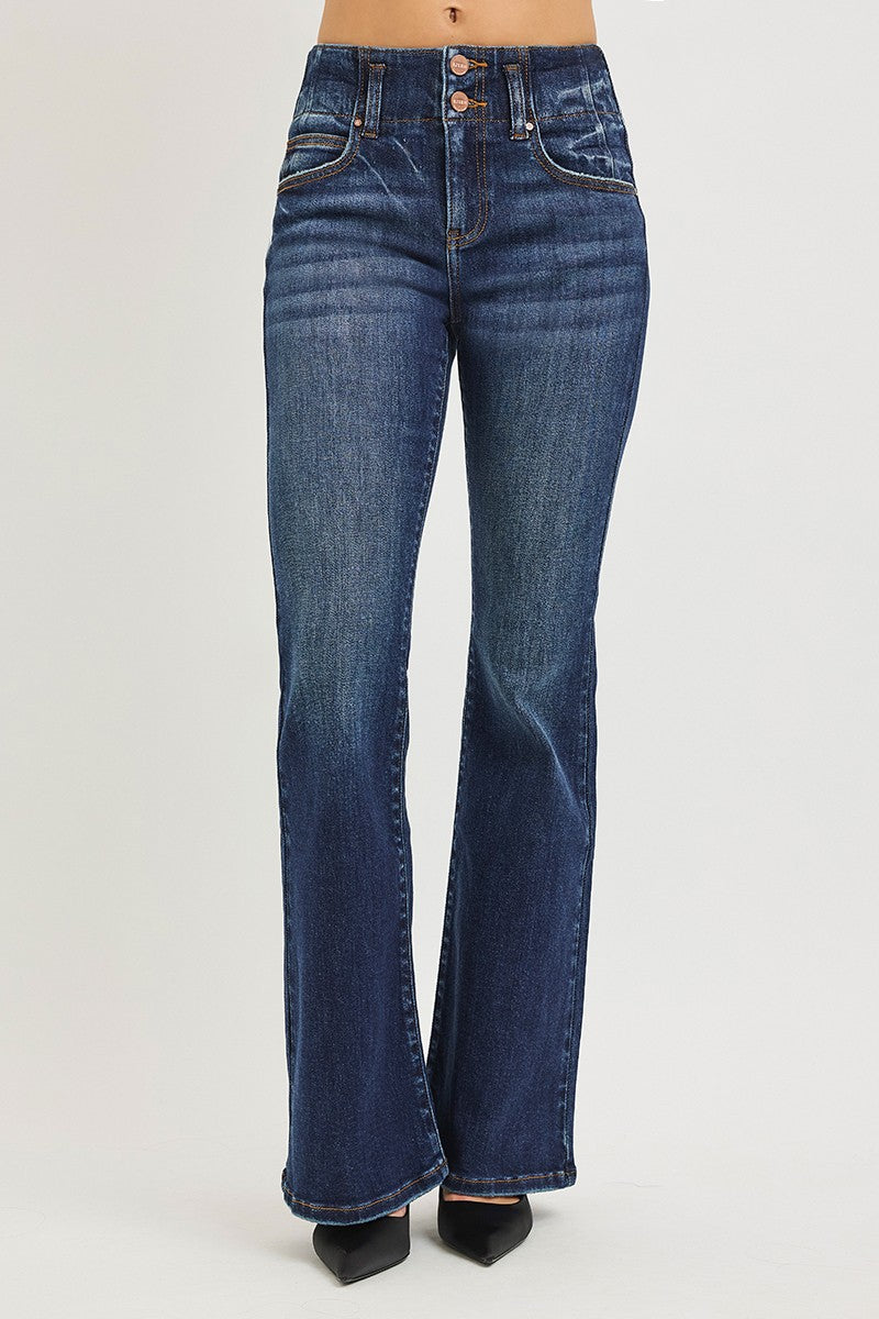 RISEN High Rise Flare Jeans With Seam Detail Waistband - cas7m
