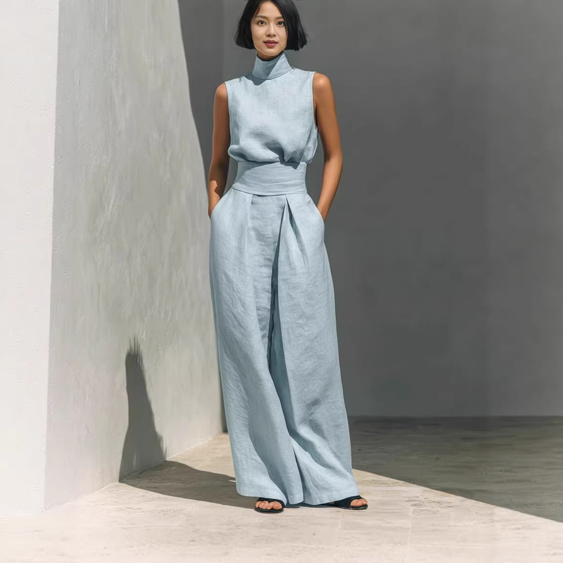 Casual Sleeveless Suit Summer Stand-up Collar Pullover Top And Loose Straight-leg Trousers Women's Clothing - cas7m
