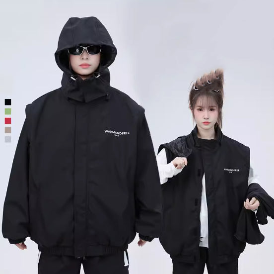 Detachable Sleeve Hooded Jacket Coat - cas7m
