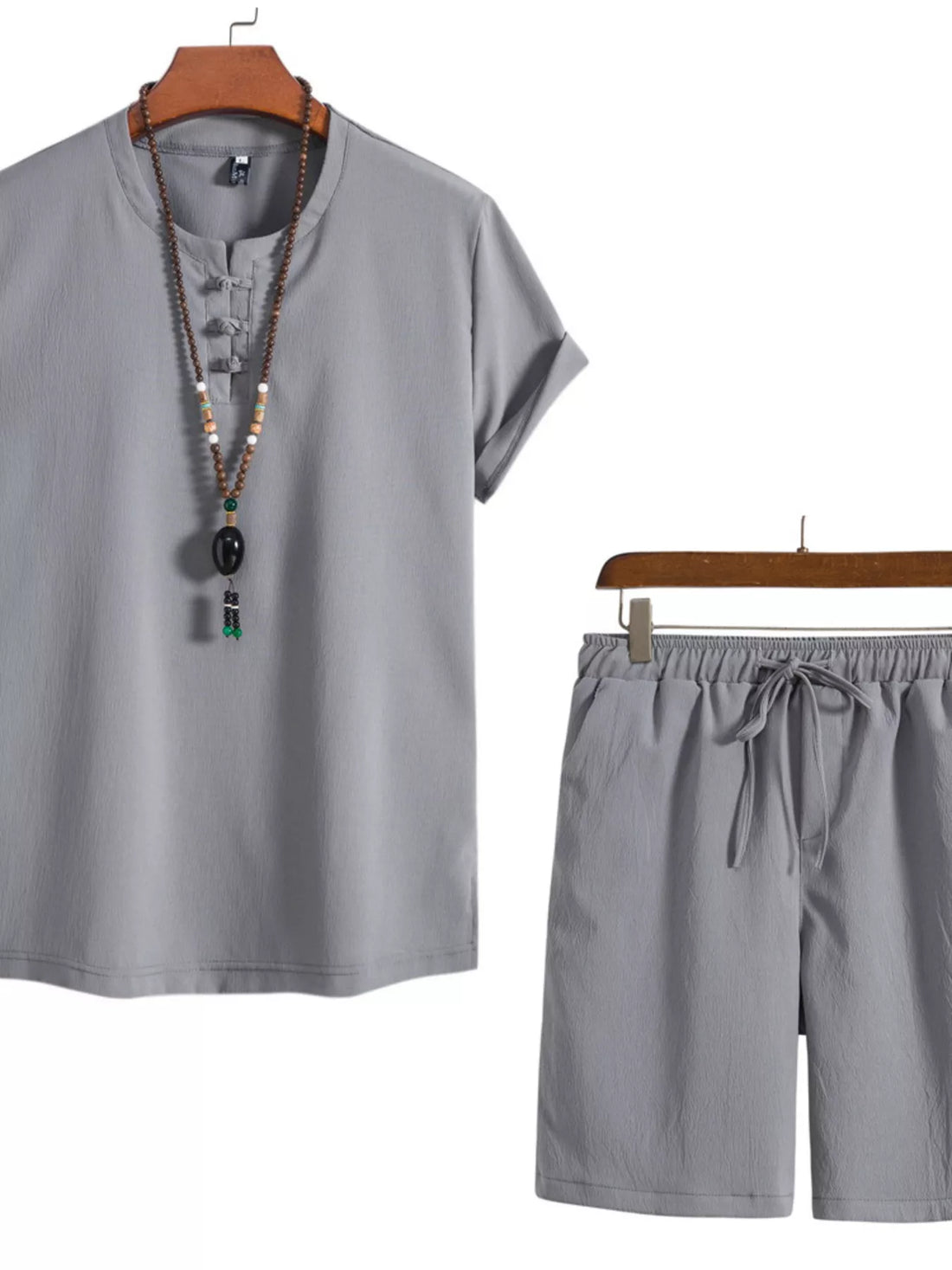 Men's Plus Size Mandarin Collar Short Sleeve Shirt and Shorts Set - cas7m