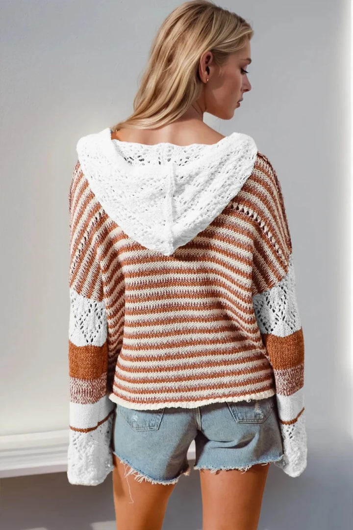 Double Take Full Size Openwork Contrast Long Sleeve Hooded Sweater - cas7m