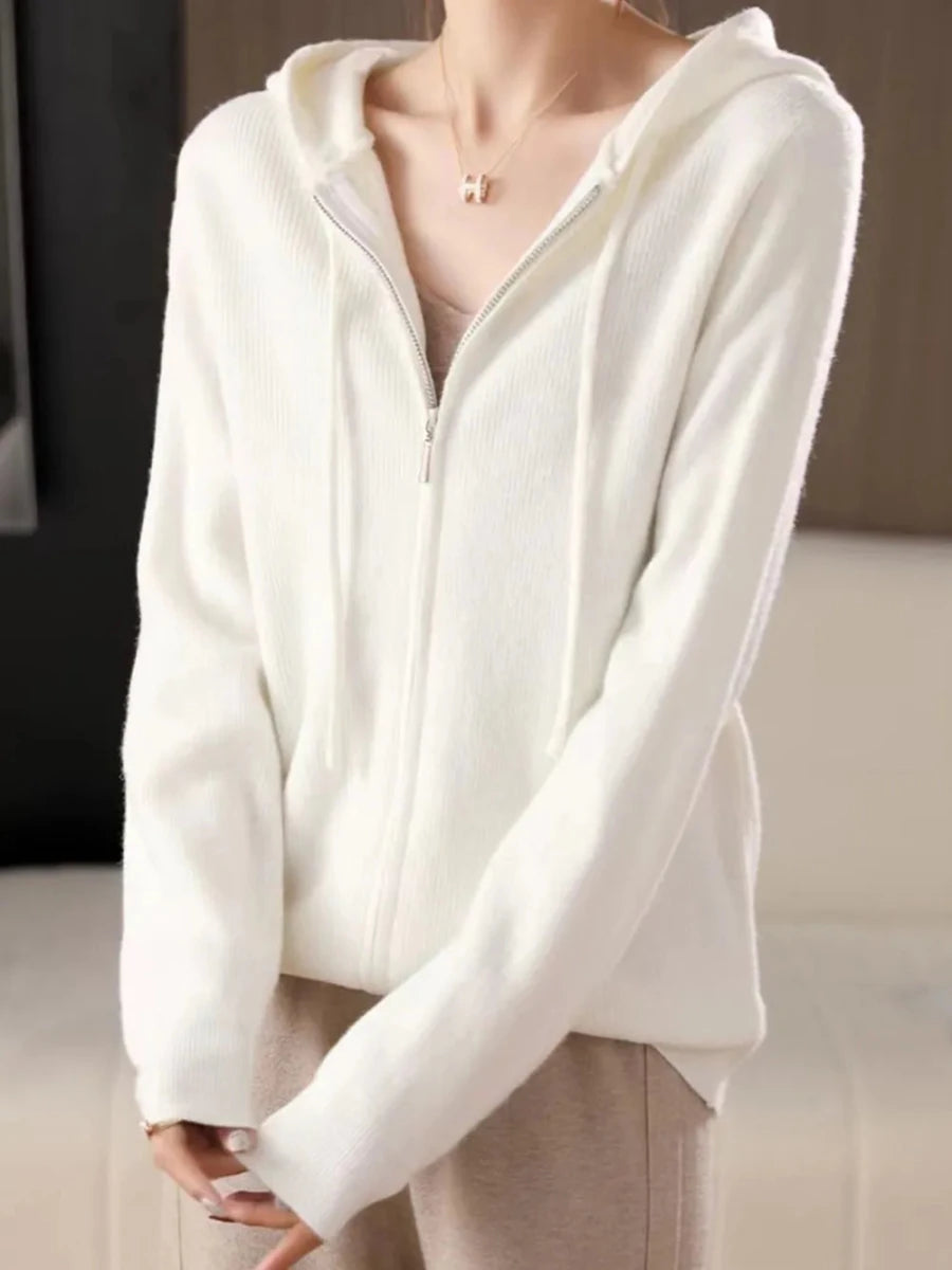 Drawstring Zip Up Long Sleeve Hooded Sweater - cas7m