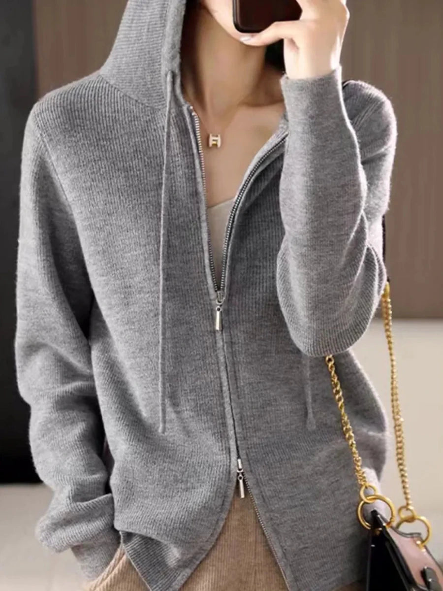 Drawstring Zip Up Long Sleeve Hooded Sweater - cas7m