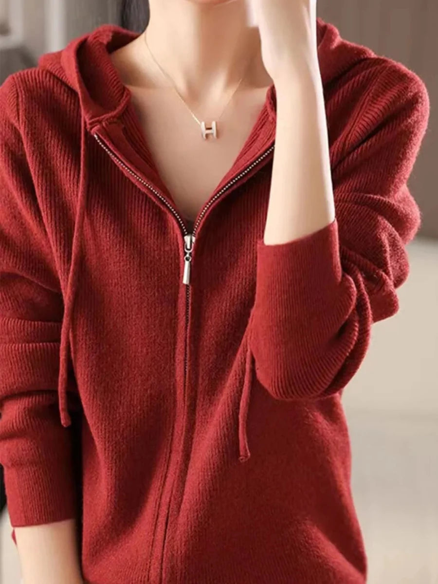 Drawstring Zip Up Long Sleeve Hooded Sweater - cas7m