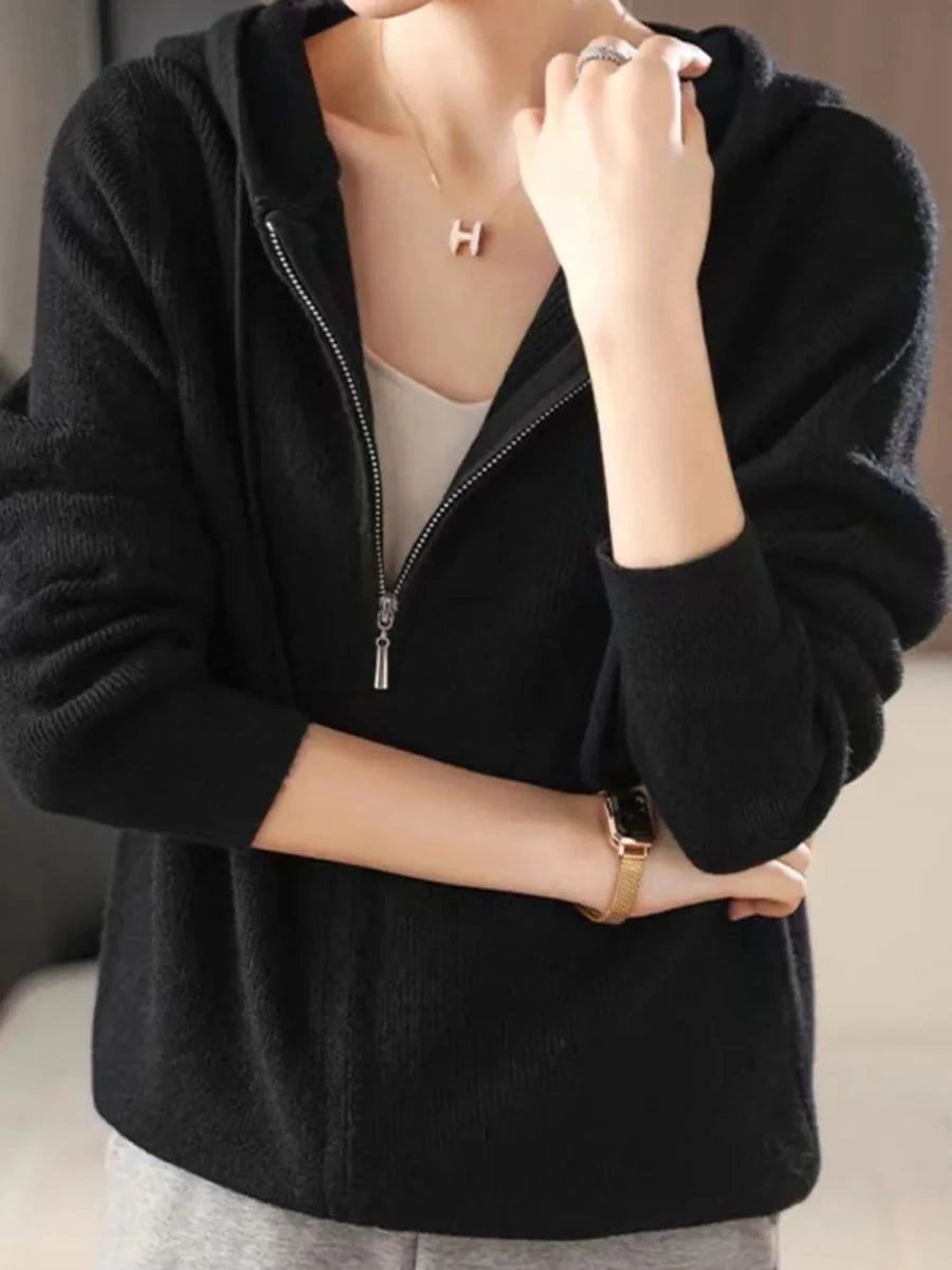 Drawstring Zip Up Long Sleeve Hooded Sweater - cas7m