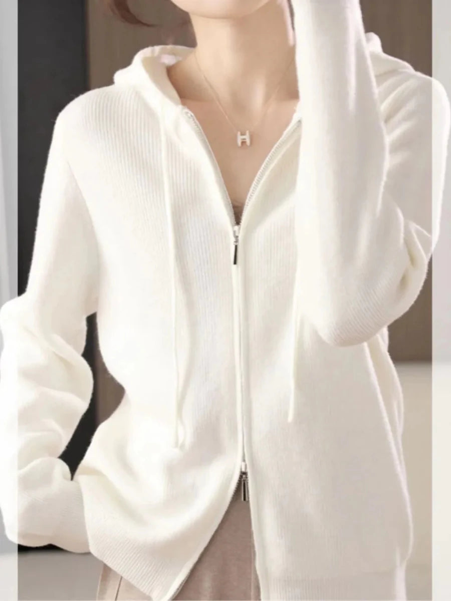 Drawstring Zip Up Long Sleeve Hooded Sweater - cas7m
