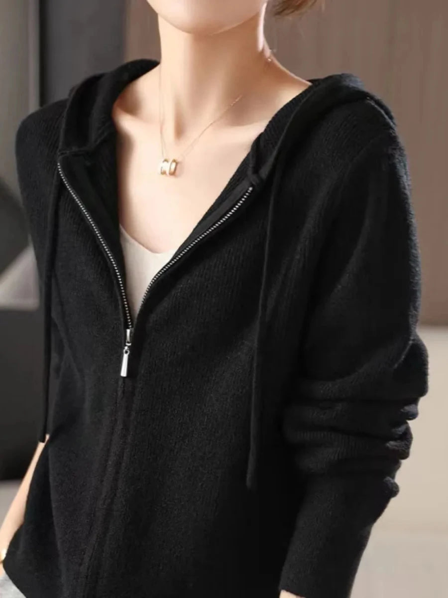 Drawstring Zip Up Long Sleeve Hooded Sweater - cas7m