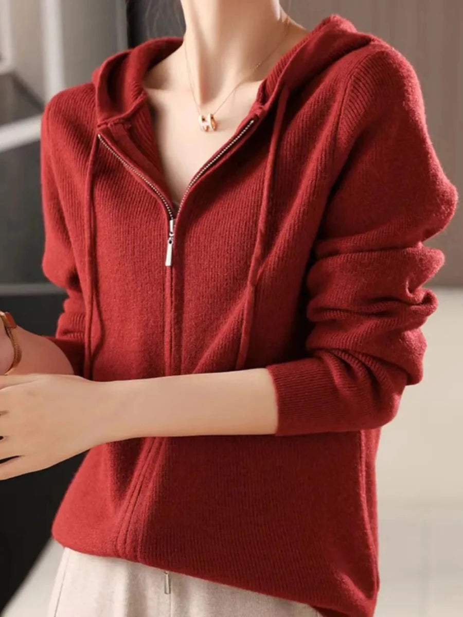 Drawstring Zip Up Long Sleeve Hooded Sweater - cas7m