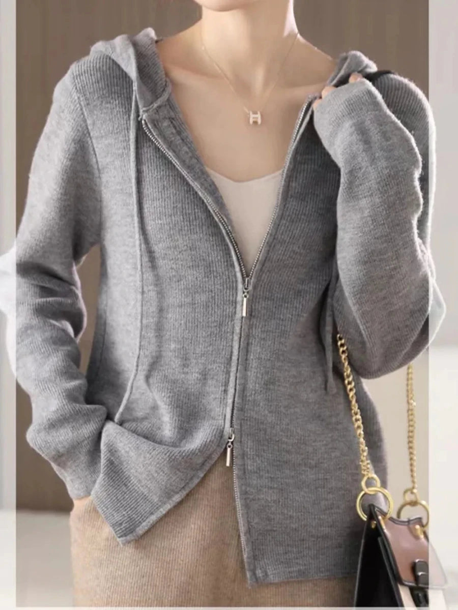 Drawstring Zip Up Long Sleeve Hooded Sweater - cas7m