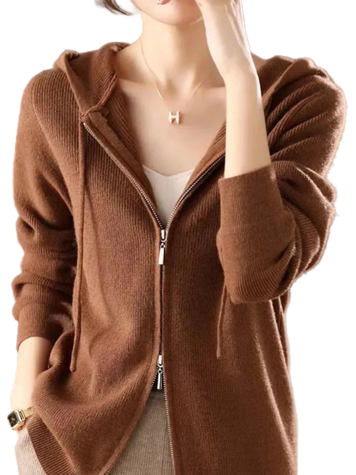 Drawstring Zip Up Long Sleeve Hooded Sweater - cas7m