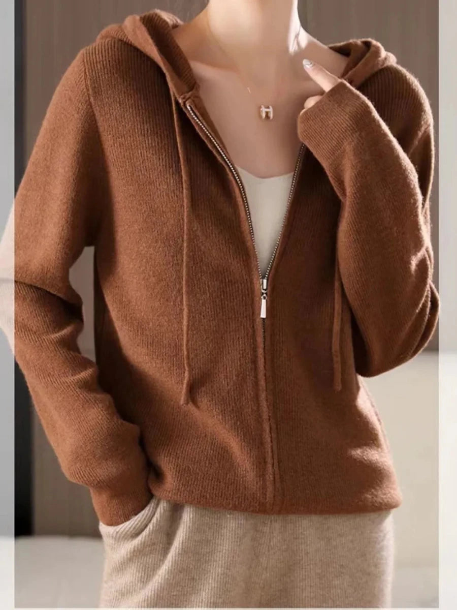 Drawstring Zip Up Long Sleeve Hooded Sweater - cas7m