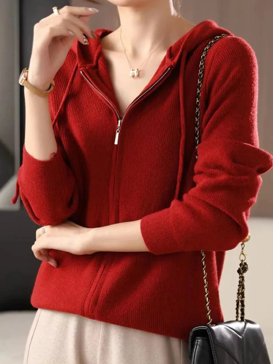 Drawstring Zip Up Long Sleeve Hooded Sweater - cas7m