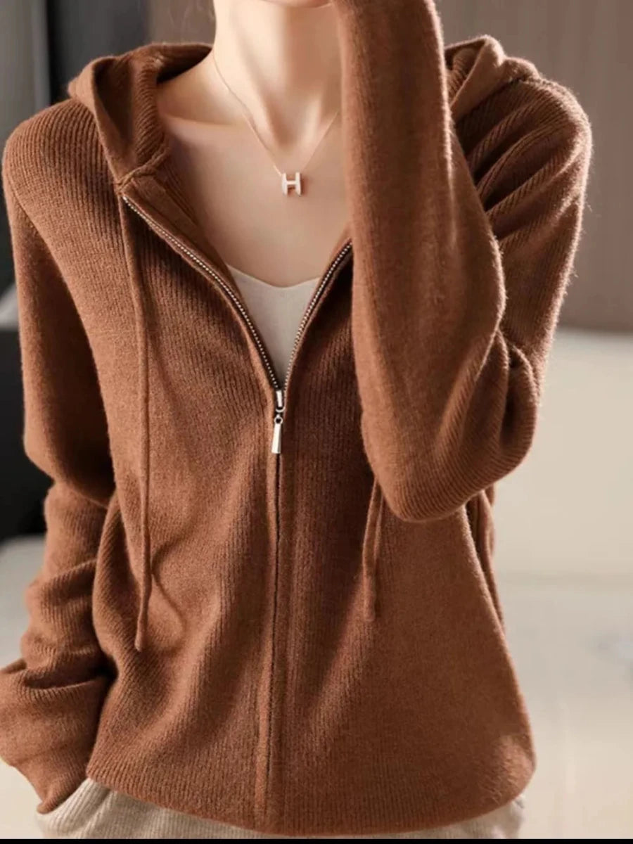 Drawstring Zip Up Long Sleeve Hooded Sweater - cas7m