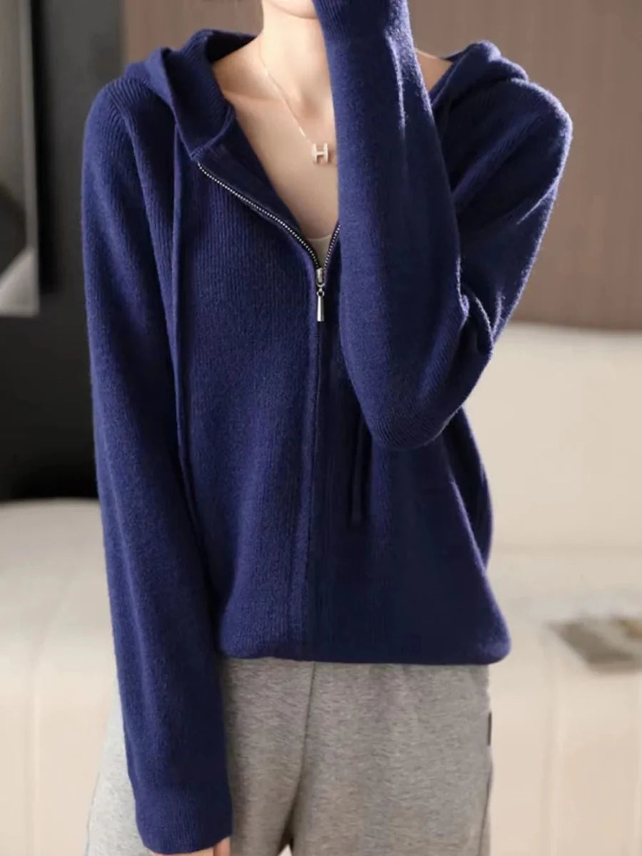 Drawstring Zip Up Long Sleeve Hooded Sweater - cas7m