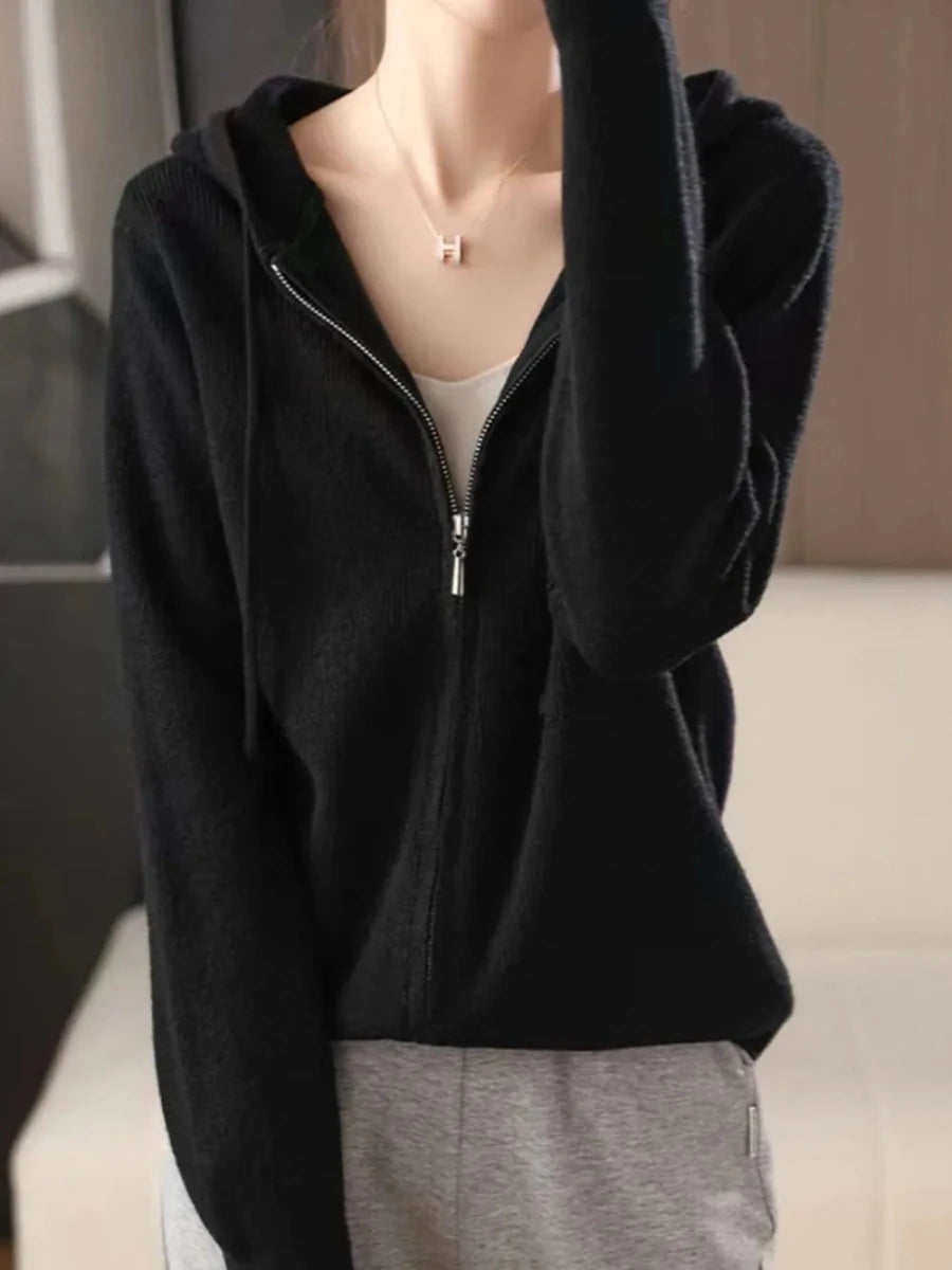 Drawstring Zip Up Long Sleeve Hooded Sweater - cas7m