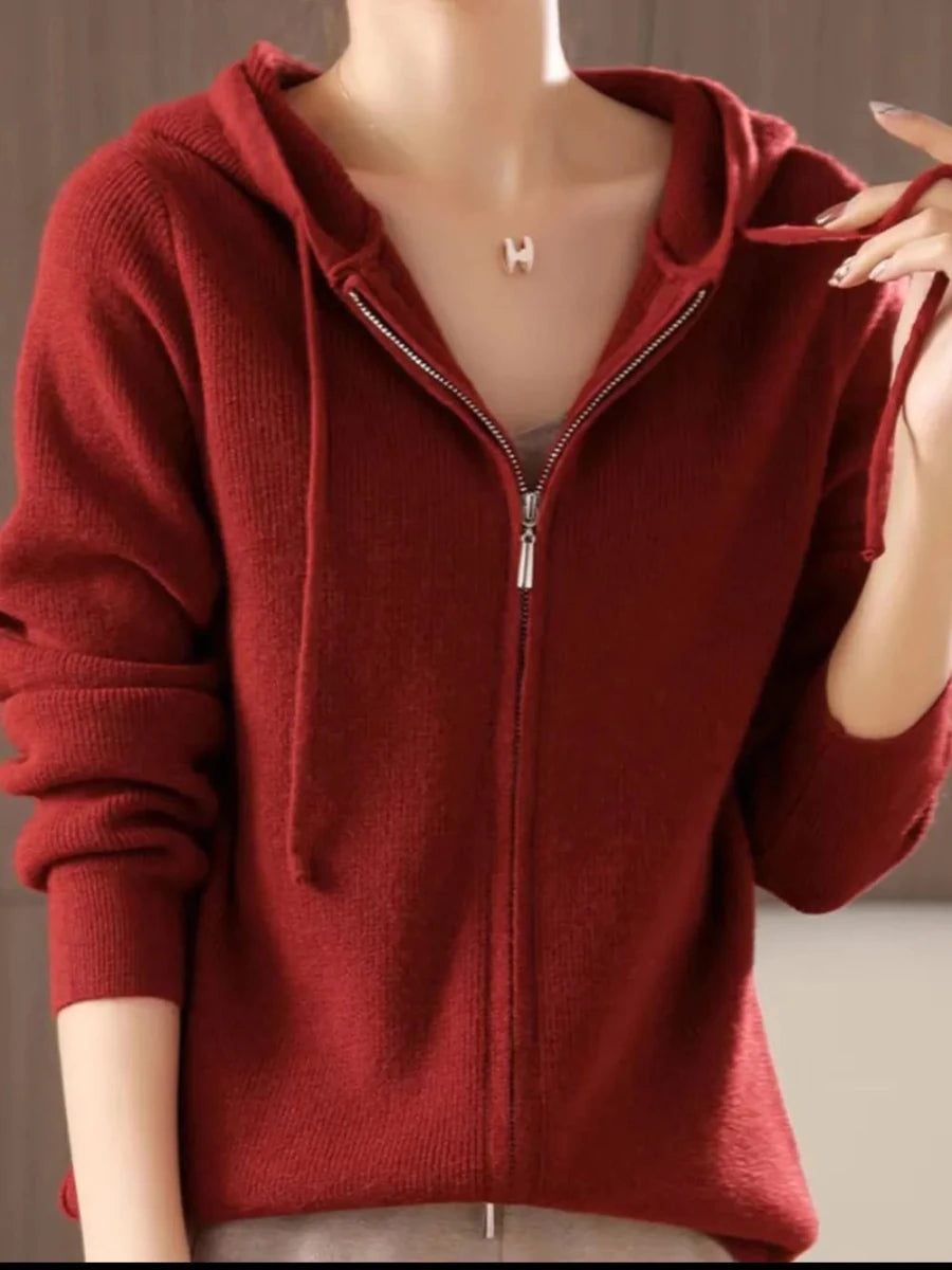 Drawstring Zip Up Long Sleeve Hooded Sweater - cas7m