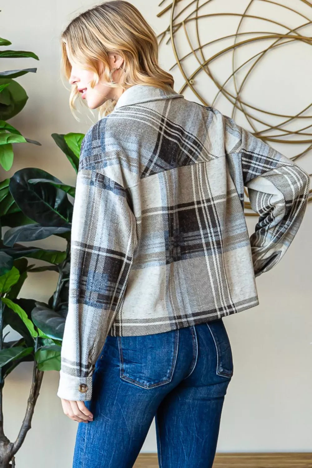 Reborn J Plaid Button Up Long Sleeve Shacket - cas7m