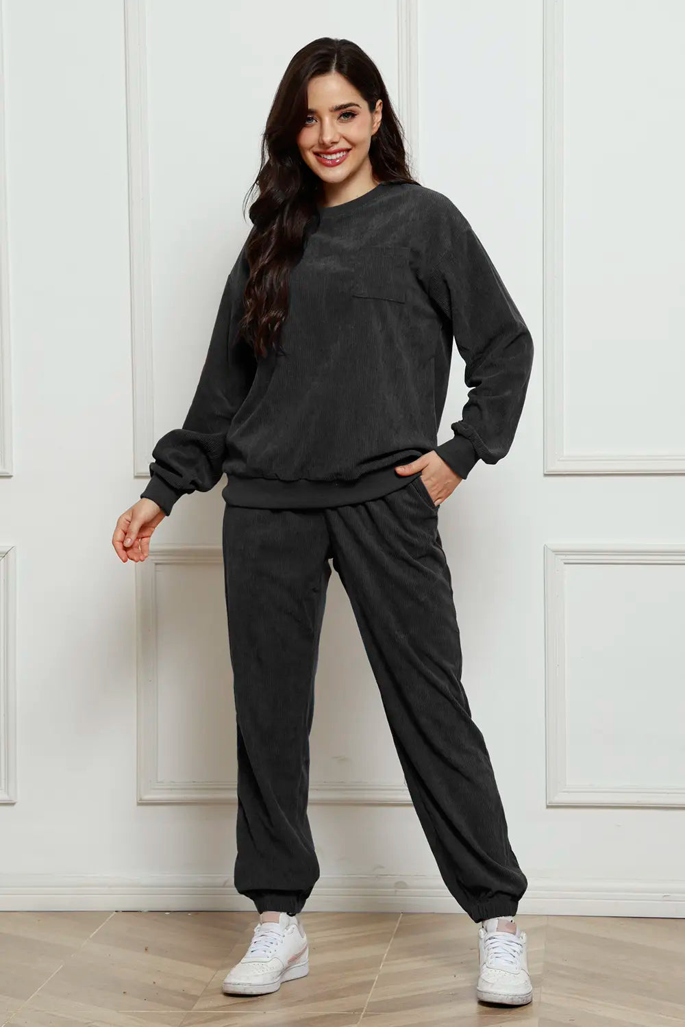 Corduroy Round Neck Sweatshirt and Sweatpants Set - cas7m