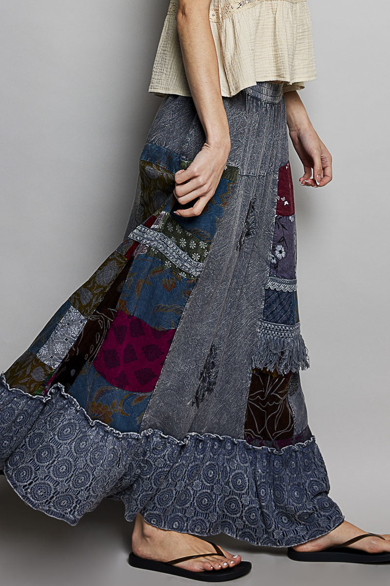 POL Printed Patchwork Embroidered Ruffled Skirt - cas7m
