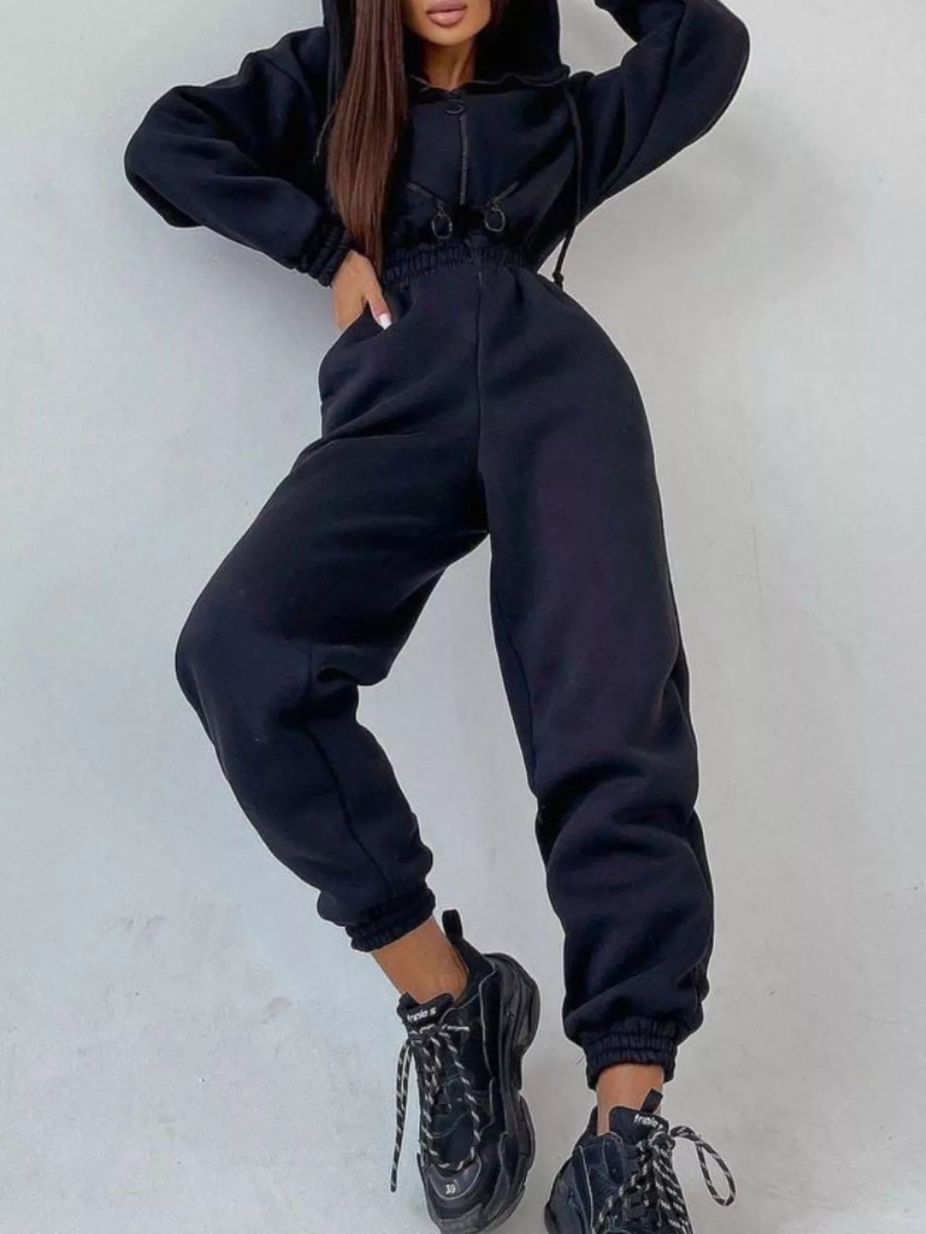 Hooded Zip-Up Long Sleeve Jumpsuit - cas7m