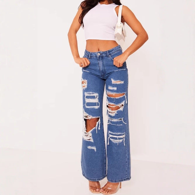 Solid Color Distressed Washed Denim Jeans - cas7m