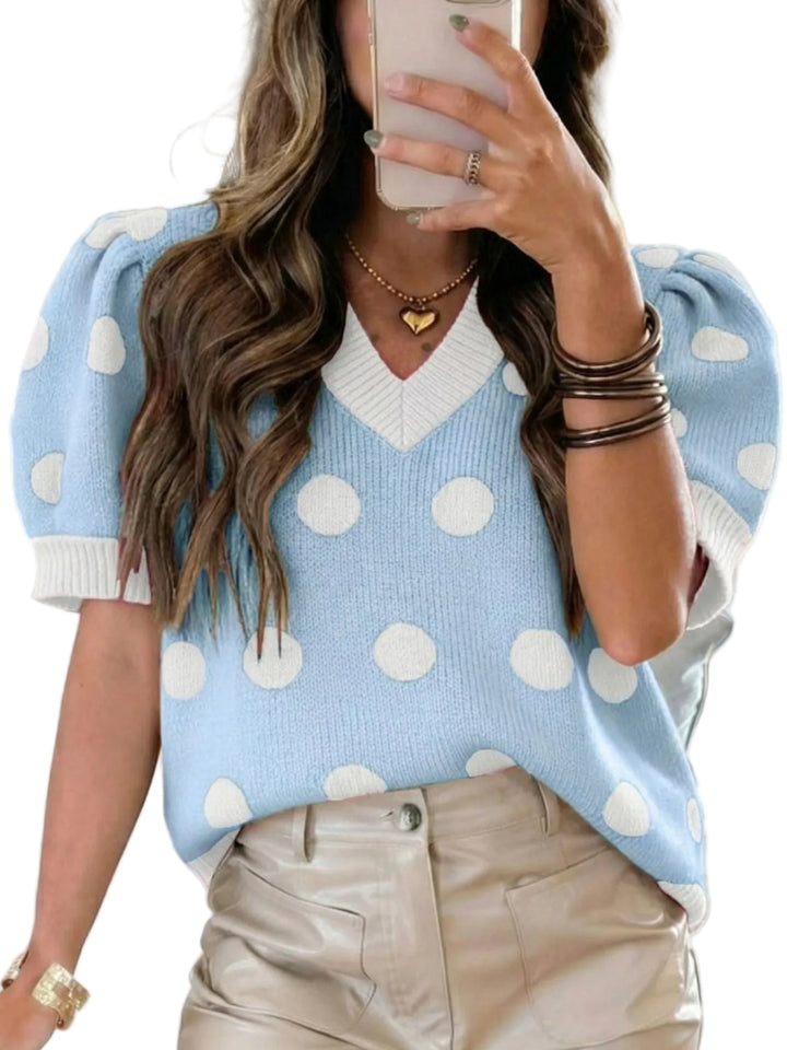 Polka Dot Puff Sleeve Sweater - cas7m