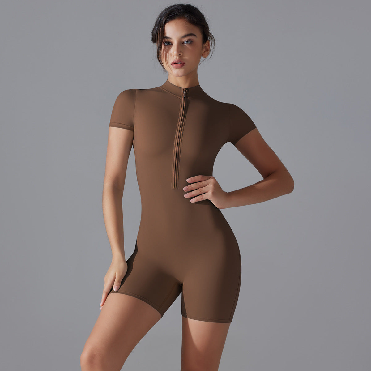 Summer Zipper Short-sleeved Shorts Jumpsuit Yoga Fitness Dance Slim Sports Bodysuit Women Sports Clothing - cas7m