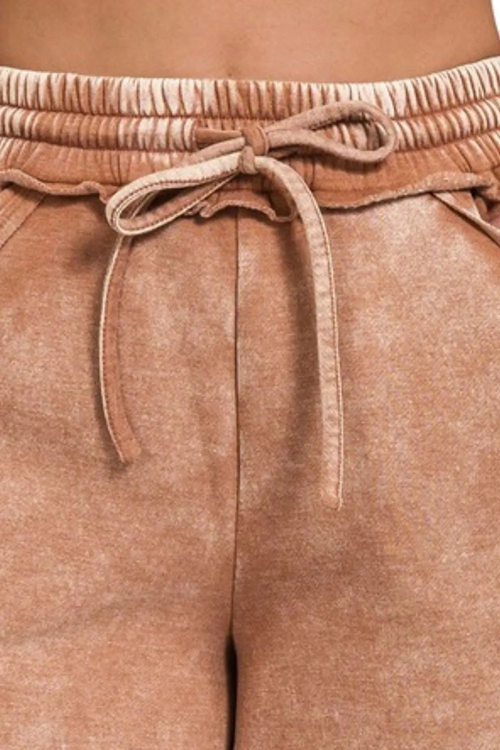 Zenana Acid Wash Fleece Drawstring Shorts With Pockets - cas7m
