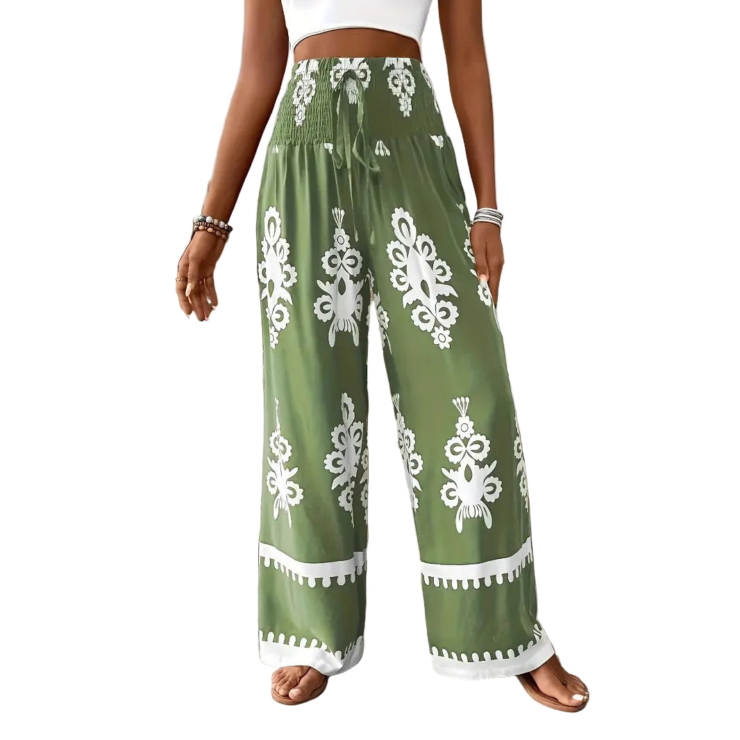 Women's 3D Pattern Lace-up Casual High Waist Print Wide-leg Pants - cas7m