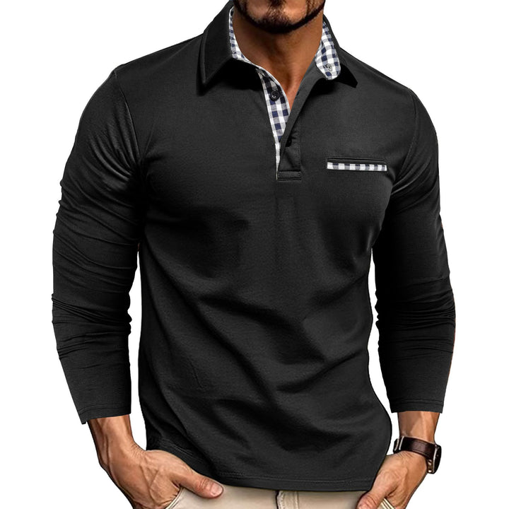 Casual Plaid Splicing Lapel Polo Shirt Fashion Solid Color Long Sleeve Top Men's Clothing - cas7m