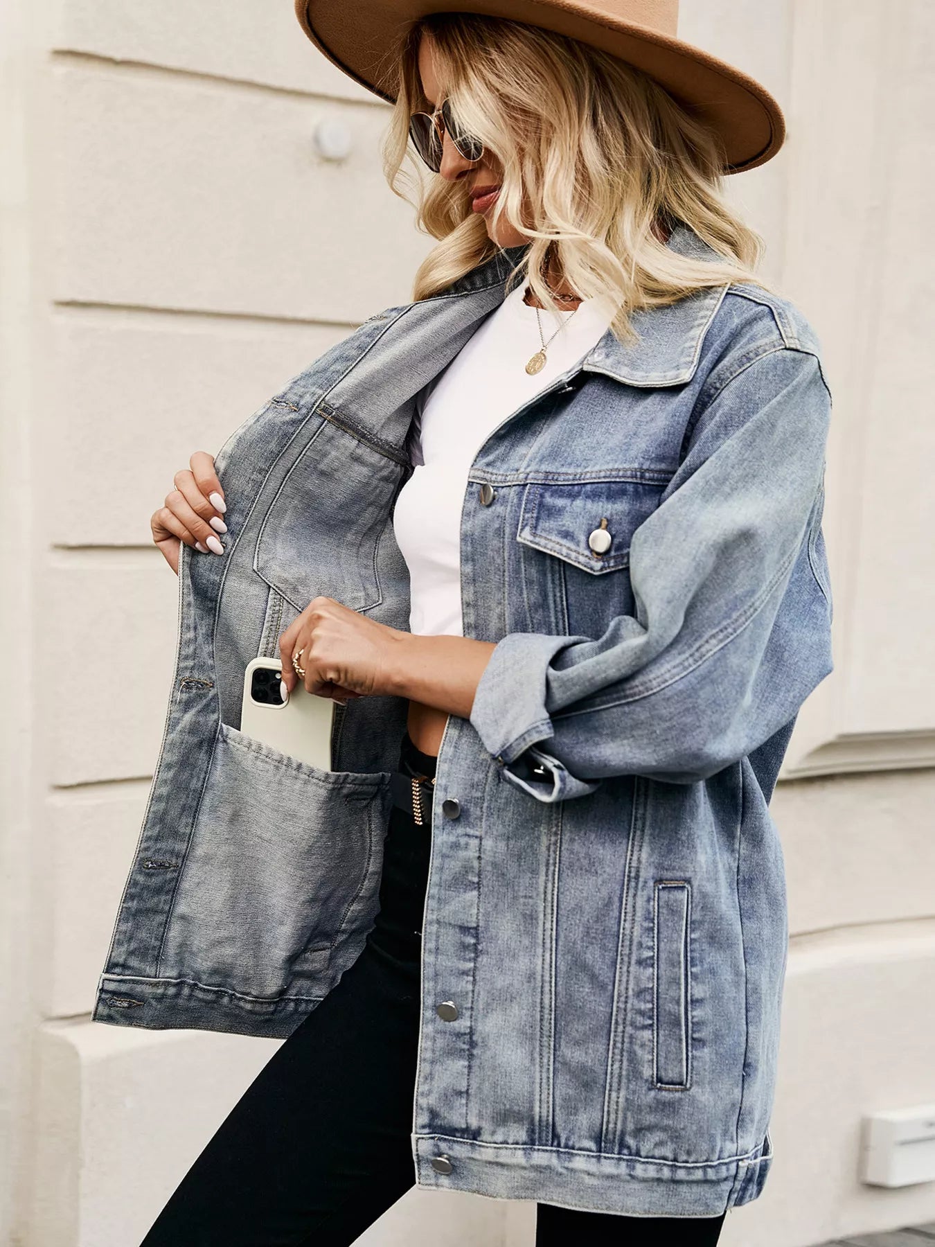 Button Up Long Sleeve Denim Jacket - cas7m