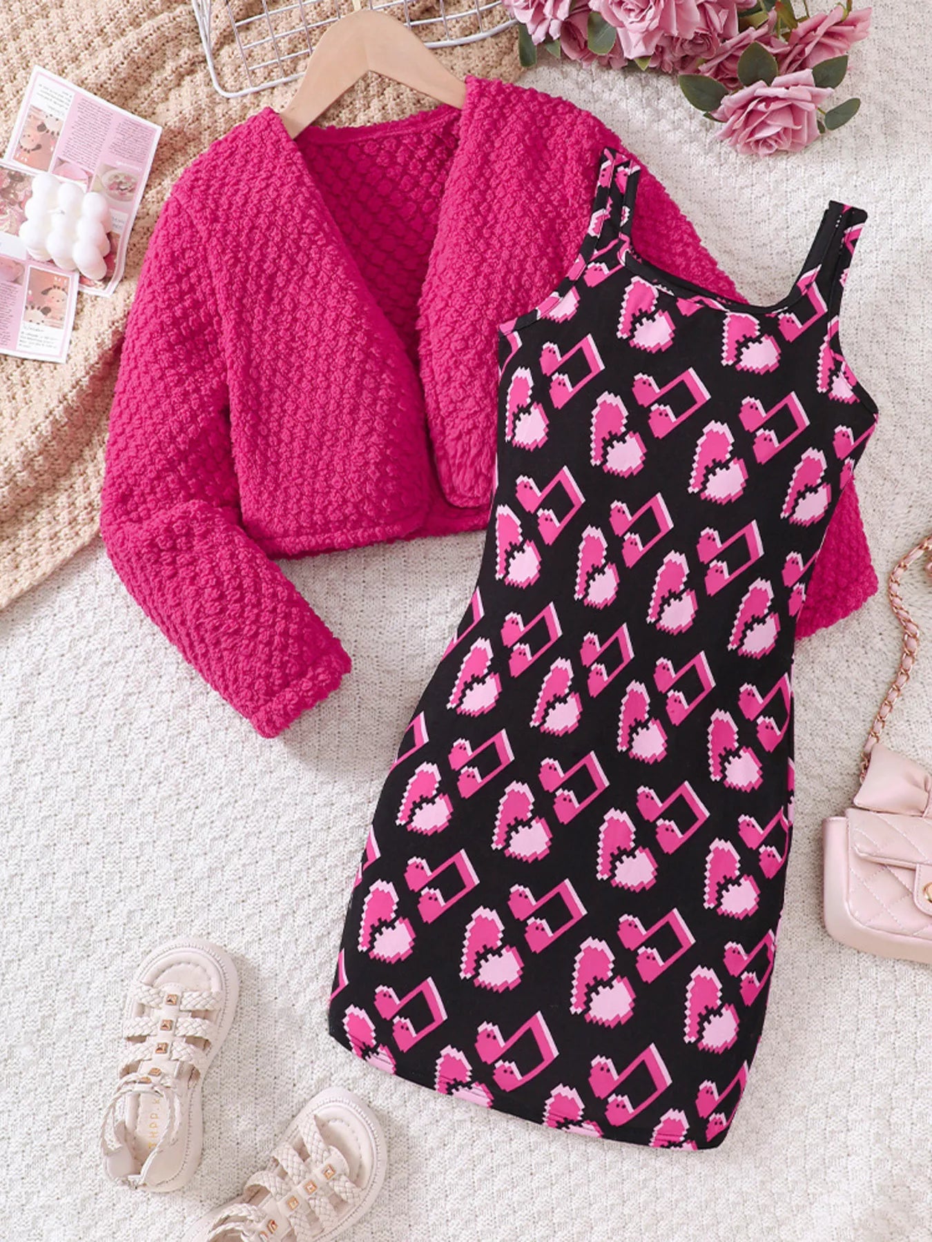 Children's Printed Dress and Cardigan Set - cas7m