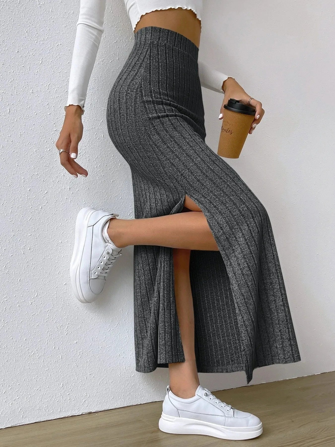 High Waist Ribbed Knit Maxi Skirt - cas7m